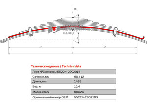 Лист рессоры УРАЛ-55224 передней №3 L=1488мм ЧМЗ 55224-2902103