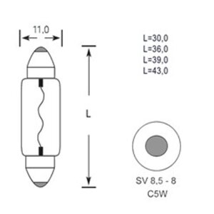 Лампа 12V C5W SV8.5-8 43мм 60лм TESLAFT (Россия) 4631111143155, 143155, АС12-5