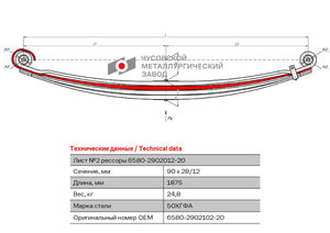 Лист рессоры КАМАЗ-6580 передней №2 L=1875мм ЧМЗ 6580-2902102-20