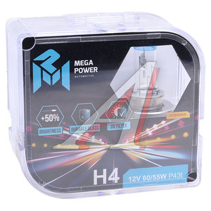 Лампа 12V H4 60/55W P43t +50% бокс (2шт.) MEGAPOWER 370-33-019, MGP-12460M05-Bx2, АКГ12-60+55(Н4)