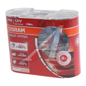 Лампа 12V H4 60/55W P43t-38 +130% евробокс (2шт.) Night Hyper OSRAM 64193NH-HCB, O-64193NH2(EURO), АКГ12-60+55(Н4)