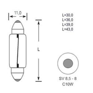 Лампа 12V C10W SV8.5-8 30мм 110лм TESLAFT (Россия) 4631111143179, 143179, АС12-10