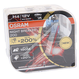 Лампа 12V H4 60/55W P43t +200% 4050К бокс (2шт.) Night Breaker 200 OSRAM 64193NB200-HCB, O-64193NB200(EURO), АКГ12-60+55(Н4)