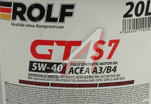 Масло моторное GT A3/B4 5W40 синт.20л ROLF 322456, ROLF SAE5W40