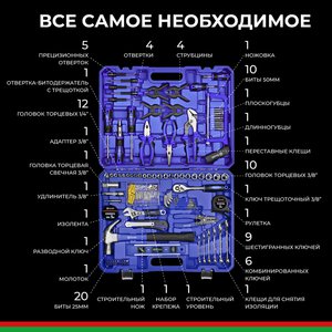 Набор инструментов 168 предметов слесарно-монтажный 1/4",3/8" Профи БЕЛАК БАК.07016