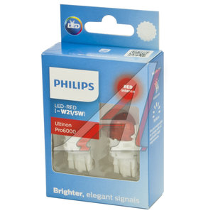 Лампа светодиодная 12V W21/5W W3х16q 75/15Лм (2шт.) Led Red Ultinon Pro6000 PHILIPS 11066RU60X2, P-11066RU60X2